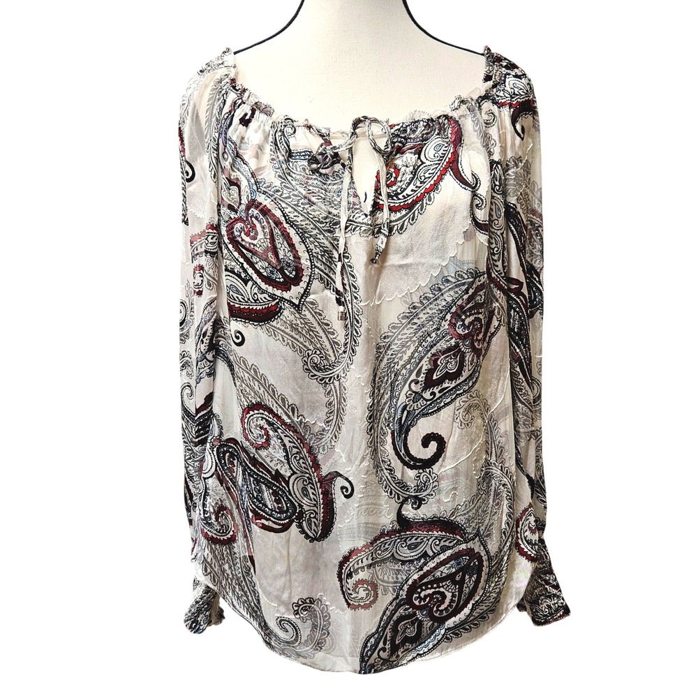 White House Black Market Silk‎ Blend Paisley Boho Peasant Top Medium Tie Neck